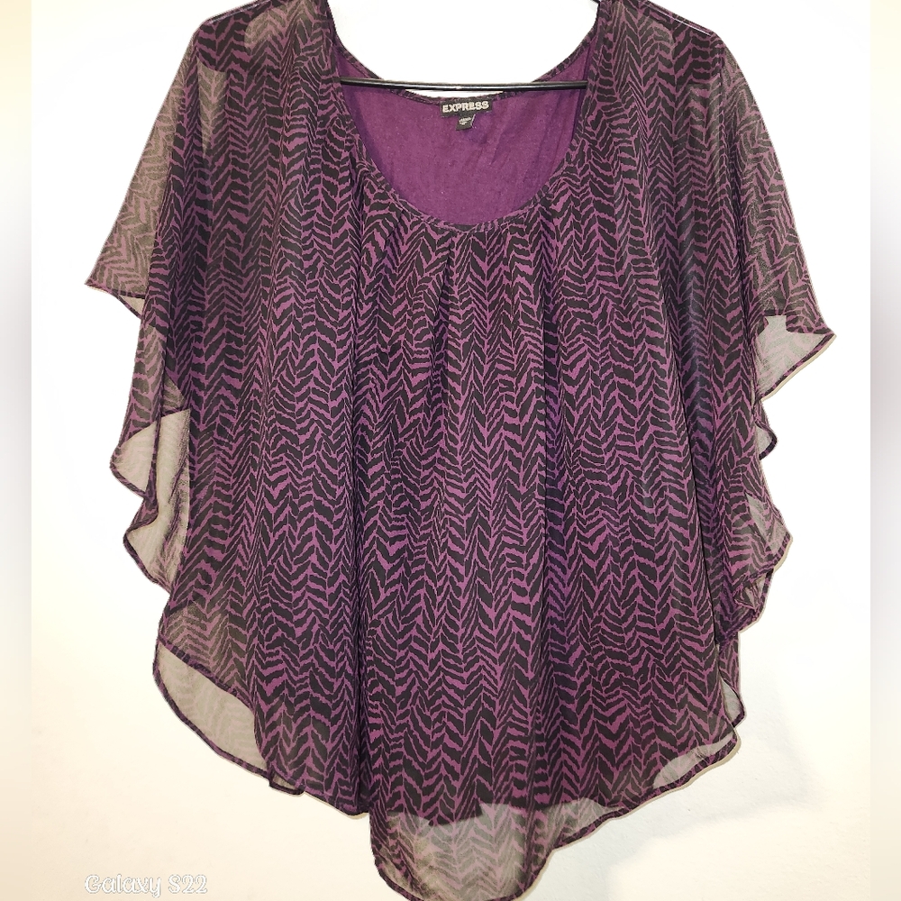 Express Purple Patterned Blouse With Butterfly Sleeves.